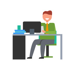 Cheerful Businessman Sitting at Desk Illustration