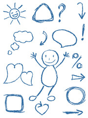 Crayon design element set and symbol like child's drawing funny art stroke doodle sketch style. Pencil or chalk like kids hand drawn vector man, heart, gift box, frame, numeral, bubble, banner, arrow