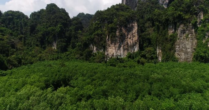 KRABI, THAILAND, MARCH 2017: Aerial view over characteristic Krabi hill topps in Krabi.