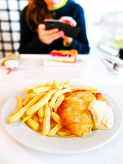 British Traditional fish and chips and  tartar sauce