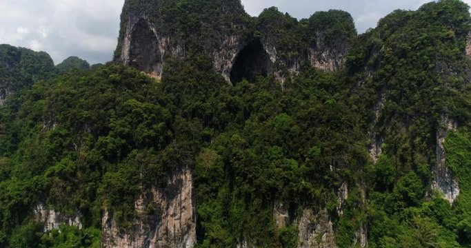 KRABI, THAILAND, MARCH 2017: Aerial view over characteristic Krabi hill topps in Krabi.