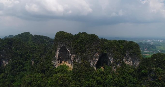 KRABI, THAILAND, MARCH 2017: Aerial view over characteristic Krabi hill topps in Krabi.