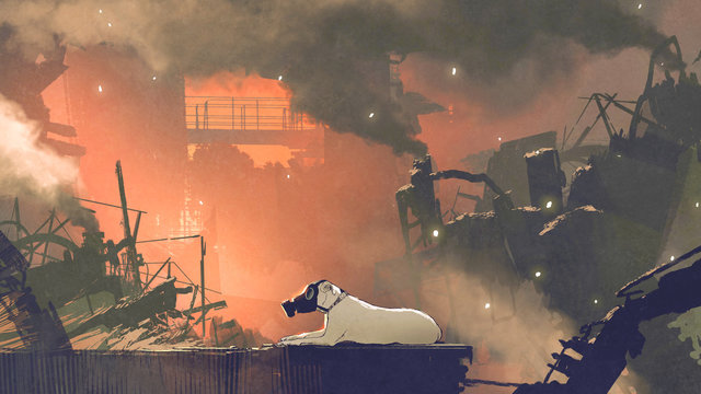 the dog wearing gas mask sitting in city with air pollution, digital art style, illustration painting