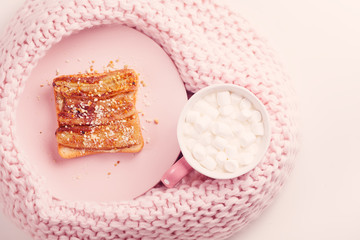 Fototapeta na wymiar breakfast , toast with a fried banana, hot drink, marshmallows, Valentine's day concept