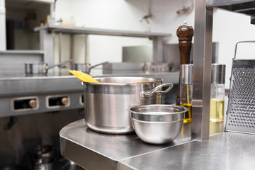 Metal dishes in a restaurant kitchen