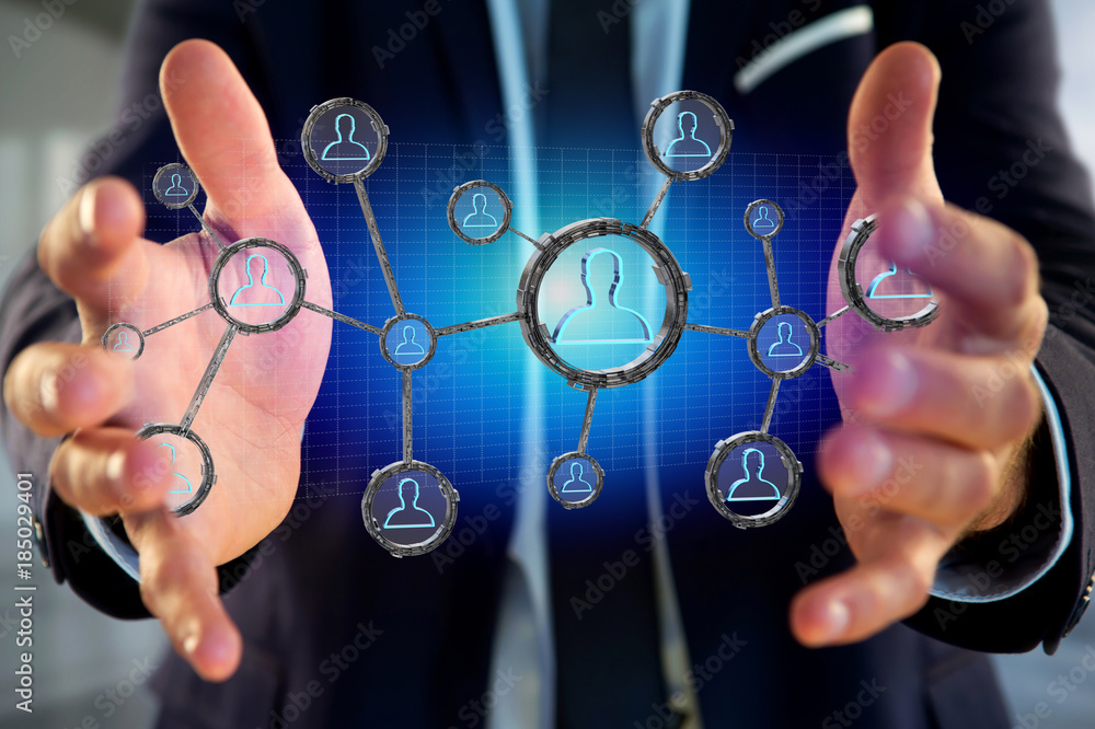 Aufkleber network connection with people linked each other in technology wheel - 3d rendering