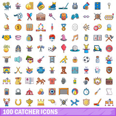 100 catcher icons set, cartoon style 
