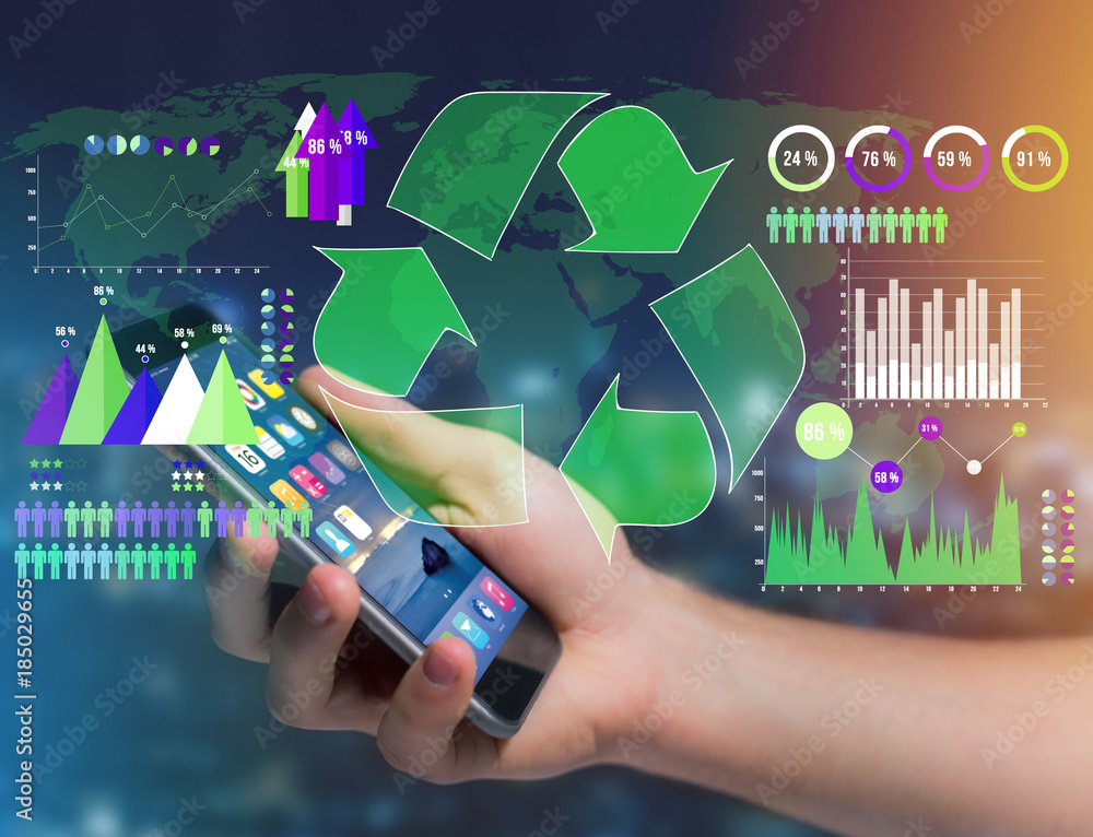 Aufkleber technology ecologic interface with world map on the background - ecology concept