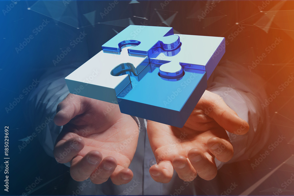 Poster four puzzle pieces making a logo on a futuristic interface - 3d rendering