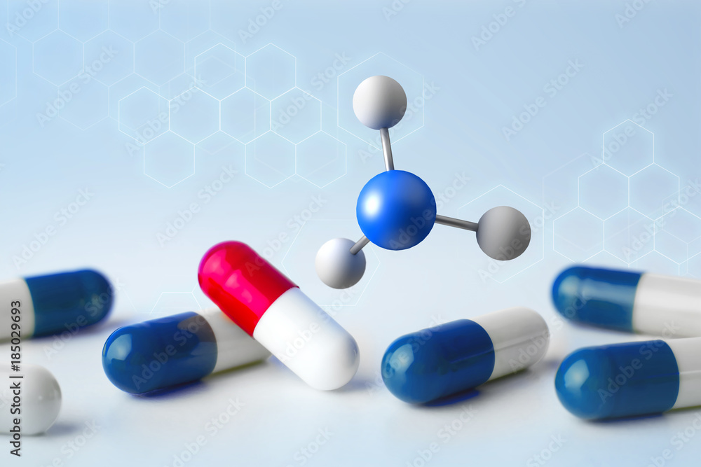 Poster 3d rendering molecule on a displayed on a medical interface