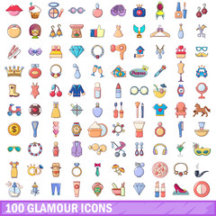 100 glamour icons set, cartoon style 