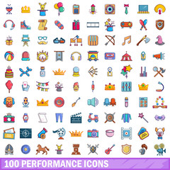 100 performance icons set, cartoon style 