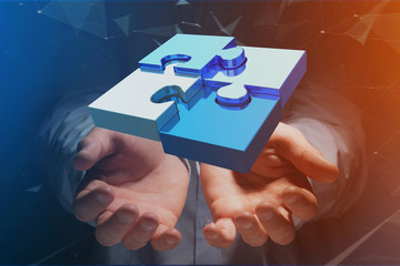 Four puzzle pieces making a logo on a futuristic interface - 3d rendering