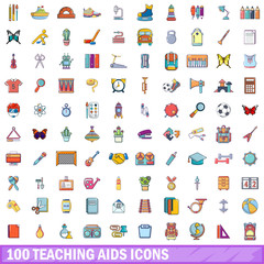 100 teaching aids icons set, cartoon style 