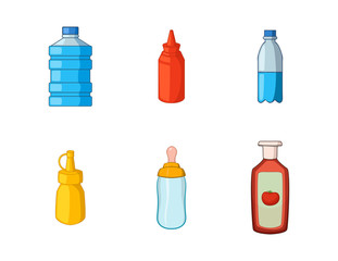 Plastic bottle icon set, cartoon style