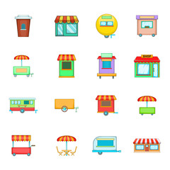 Street market icon set, cartoon style