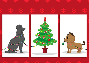 Two cute puppies decorate the Christmas tree with a colorful garland. One dog is entangled in a garland, and the other dog is holding a plug. Christmas card, congratulations on the New Year.