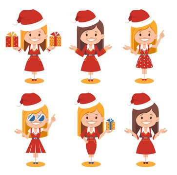 Santa girl. Santa Claus women in red hats and red dresses. Christmas character woman in different poses.