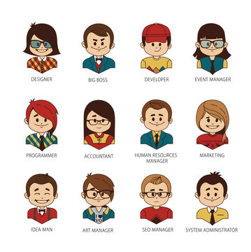 Set of round people icons your office team. Man, woman, boy, girl on white background. Professions in IT company.