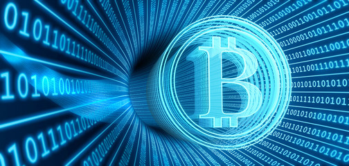 Bitcoin-Symbol vor Datentunnel - obrazy, fototapety, plakaty