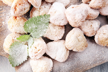 German donuts.  berliner with jam and icing sugar and mint