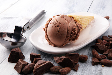 chocolate ice cream scoops with pieces of chocolate and waffle cones