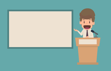 Businessman with white board for work presentation in office.Cartoon of business success is the concept of the man characters business, the mood of people, banner, infographics. vector illustration