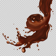 Splashing and whirl chocolate flowing in a spiral. Dynamic chocolate liquid. Chocolate, Coffee, hot chocolate, cocktail. Element for your design. Vector illustration.