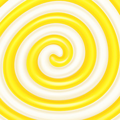 Lemon jam or syrup in the milk swirl. Sweet spiral background. Dairy and fruit mix. Cream, jam, yogurt, milkshake, lollipop, candy. Vector illustration for advertising or packaging of dairy products.