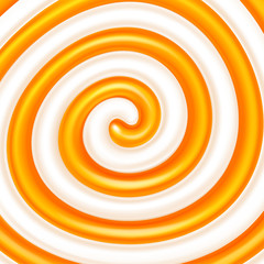 Orange jam or syrup in the milk swirl. Sweet spiral background. Dairy and fruit mix. Cream, jam, yogurt, milkshake, lollipop, candy. Vector illustration for advertising or packaging of dairy products.