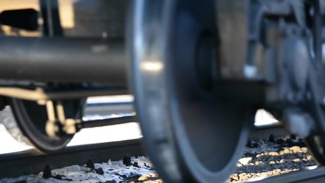 Close-up of a wheeled pair (wheeled cart) of a freight railway train 