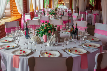 Beautiful decorated wedding restaurant for marriage. Colorful decoration for celebration. Beauty bridal interior.