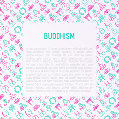 Buddhism concept with thin line icons: yoga, meditation, Buddha, Yin-Yang, candles, Aum letter, aromatherapy, pagoda, temple. Modern vector illustration for web page template.