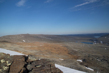 Fototapeta na wymiar On the horizon the Halti Peak, view from southwest, summer 