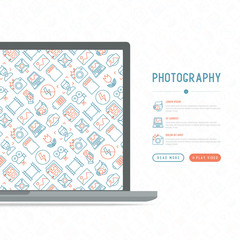 Photography concept with thin line icons of photographer, film, crop, flash, focus, light, panorama. Vector illustration, web page template.