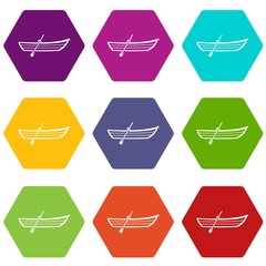 Boat with paddle icon set color hexahedron