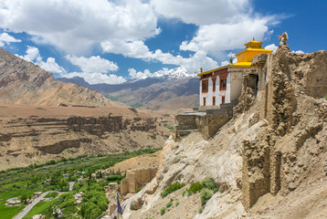 Beautiful Ladakh landscape with a Buddhist monastery and green valley in Mulbek, Jammu and Kashmir state, India - obrazy, fototapety, plakaty