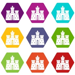 Ancient castle palace icon set color hexahedron