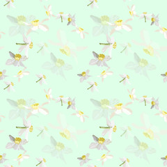 Seamless pattern flowers of daffodils on a green background In pastel colors