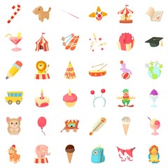 Kid birthday icons set, cartoon style