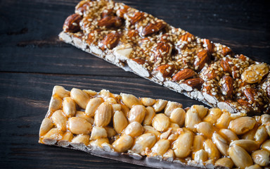 Turron bars on the wooden board