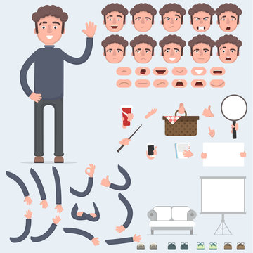 Creating a young guy with a lot of different views, emotions, postures and gestures. Cartoon style, flat vector illustration.