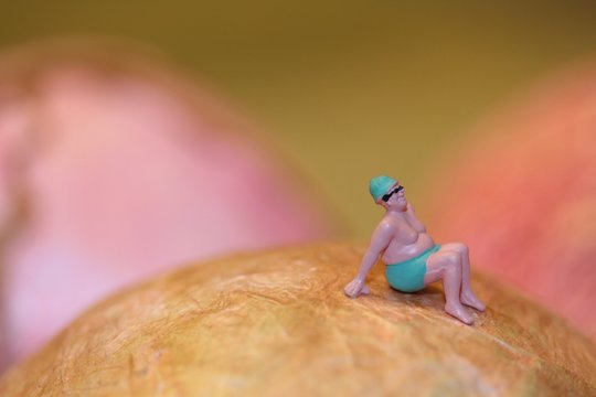 miniatura di uomo sovrappeso disteso al sole mentre si abbronza
