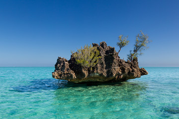 Kristalgesteente in de turquoise wateren van de lagune in Le Morne, Mauritius, Afrika.