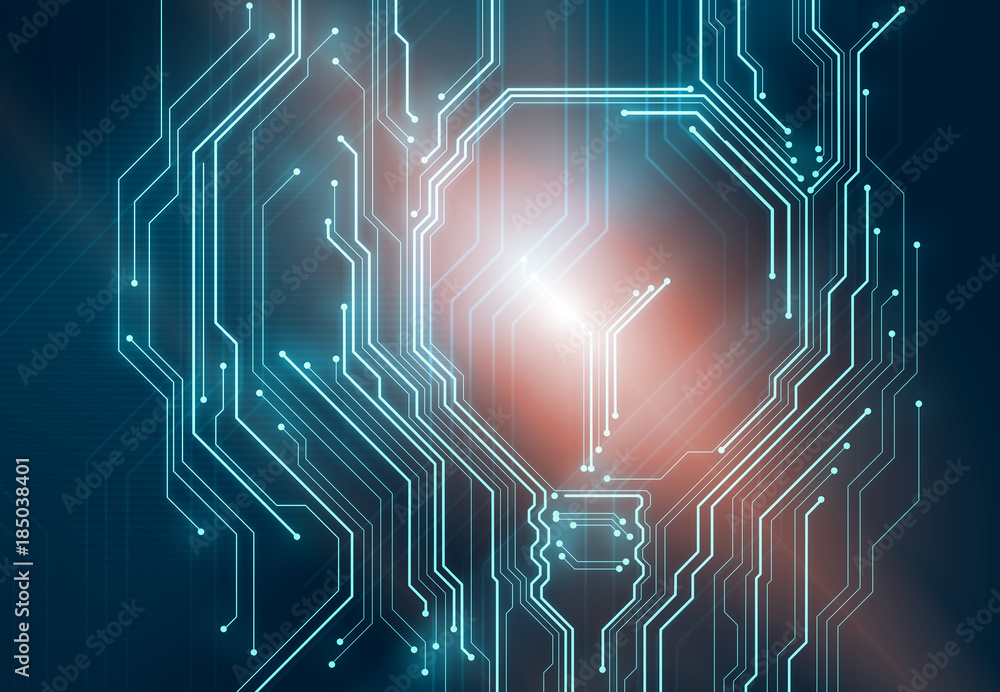 Poster background conceptual image of digital chip lightbulb on blue circuit mesh with orange flare spot. b