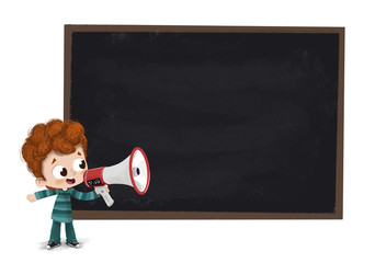 Hablando con un altavoz desde la pizarra en la clase