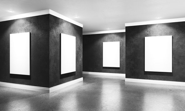 Modern concrete gallery room with directional spotlight and frames. Product artwork exhibition mock up. White isolated art frames. 3d rendering illustration of interior with black plaster walls in per