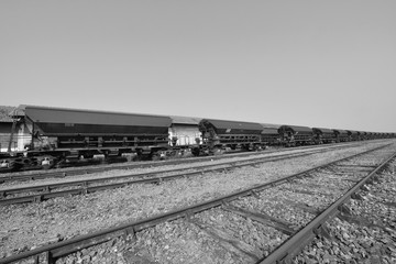 Fototapeta na wymiar Train de marchandises sur rails Noir et Blanc