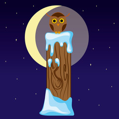 Fototapeta premium Letter I in the form of an owl on a tree stump in winter moonlit night. Vector