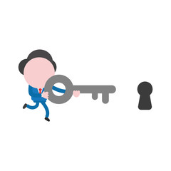 Vector illustration concept of running faceless businessman character carrying key to keyhole